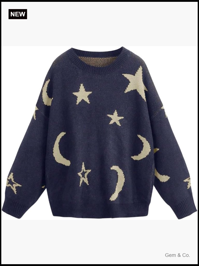 Star Moon Print Knit Pullover Sweater Long Sleeve Crewneck Top